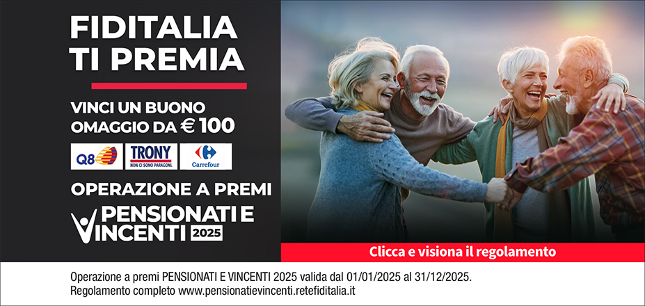 Agenzia Postica Silvia Fiditalia | Bologna, Casalecchio di Reno | Fiditalia ti premia - Vicni un omaggio da €100. Operazione a premi. Clicca e visiona il regolamento. Operazione a premi PENSIONATI E VINCENTI 2025 valida dal 01/01/2025 al 31/12/2025. Regolamento completo www.pensionatievincenti.retefiditalia.it